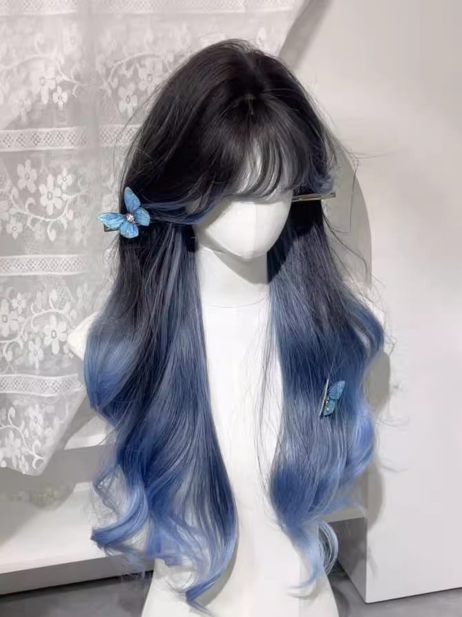 Full Wig Wavy Blue 65CM Highlight with Bangs