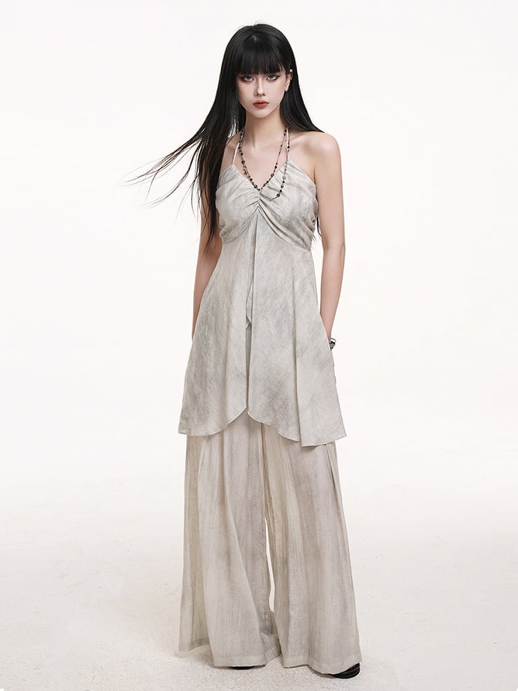 Floor Skirt-Like Wide-Leg Length Gothic with Gray Pants Drape