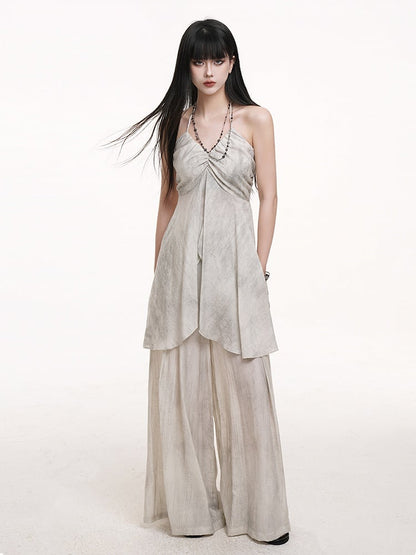 Floor Skirt-Like Wide-Leg Length Gothic with Gray Pants Drape