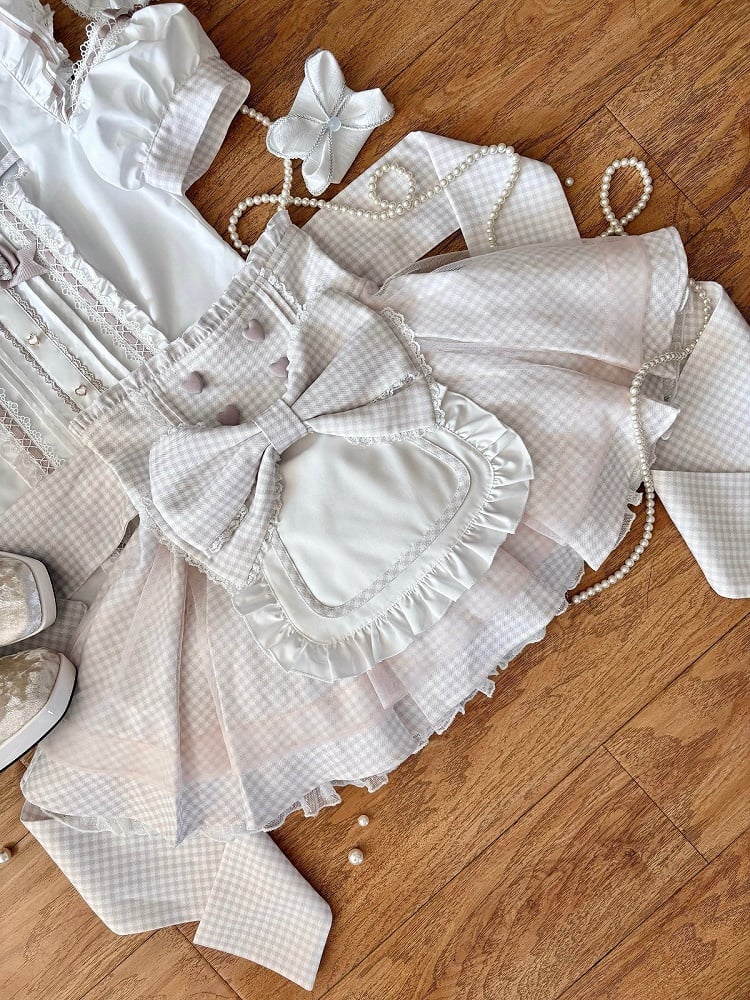 Maid Style Pink & White Landmine Cutout Shoulder Short Sleeve Top with Detachable Apron Skirt - Shi Zhai Xin