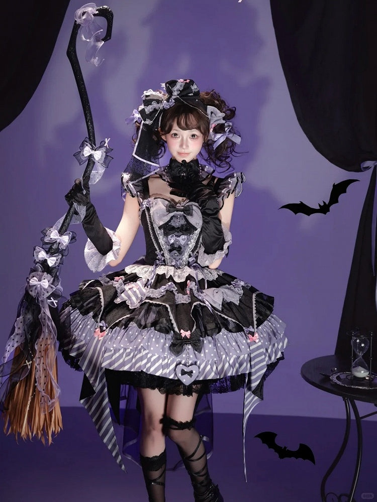Layered Heart Ribbon Bow Accent Magic Witch Jumper Skirt Dress in Black & Purple - SheepBallad