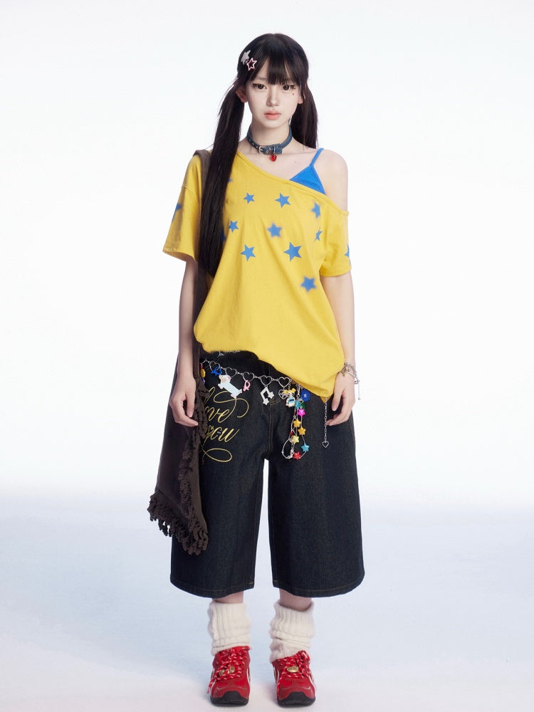 Wide-leg Jeans Print Vintage Letter Waist Charm and Black Low