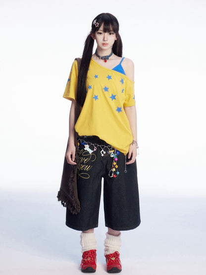 Wide-leg Jeans Print Vintage Letter Waist Charm and Black Low