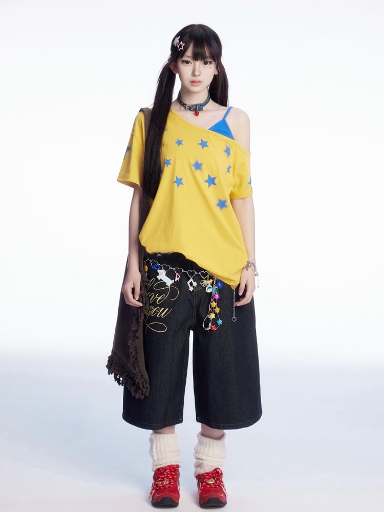 スターフェイクアシンメトリーTシャツ ブループリント ネックライン イエロー