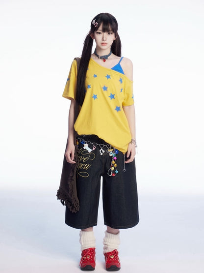 スターフェイクアシンメトリーTシャツ ブループリント ネックライン イエロー