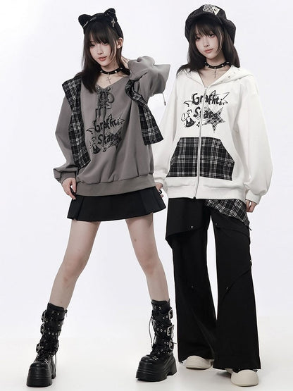 Zip-Up Hoodie with Graffiti Print, Metal Eyelets, Plaid Kangaroo Pocket in White - PINK SAVIOR