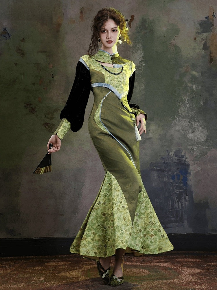 Grass Green Jacquard Chinoiserie Floral Fishtail Qipao Dress with Long Sleeves - sijinstudio