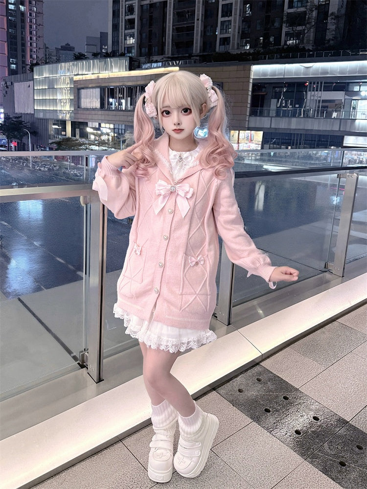 Sailor Heart Crossed Kei Jirai Sweet Pink Sweater Knit Collar Lacing Buttons with