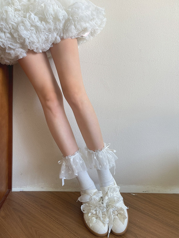 Lolita Star White/Black Trim Mesh Calf Pattern Sockswith Bow Decoration