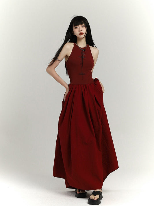 Gothic Wine Red High Waist Cross Print Sleeveless Dress
