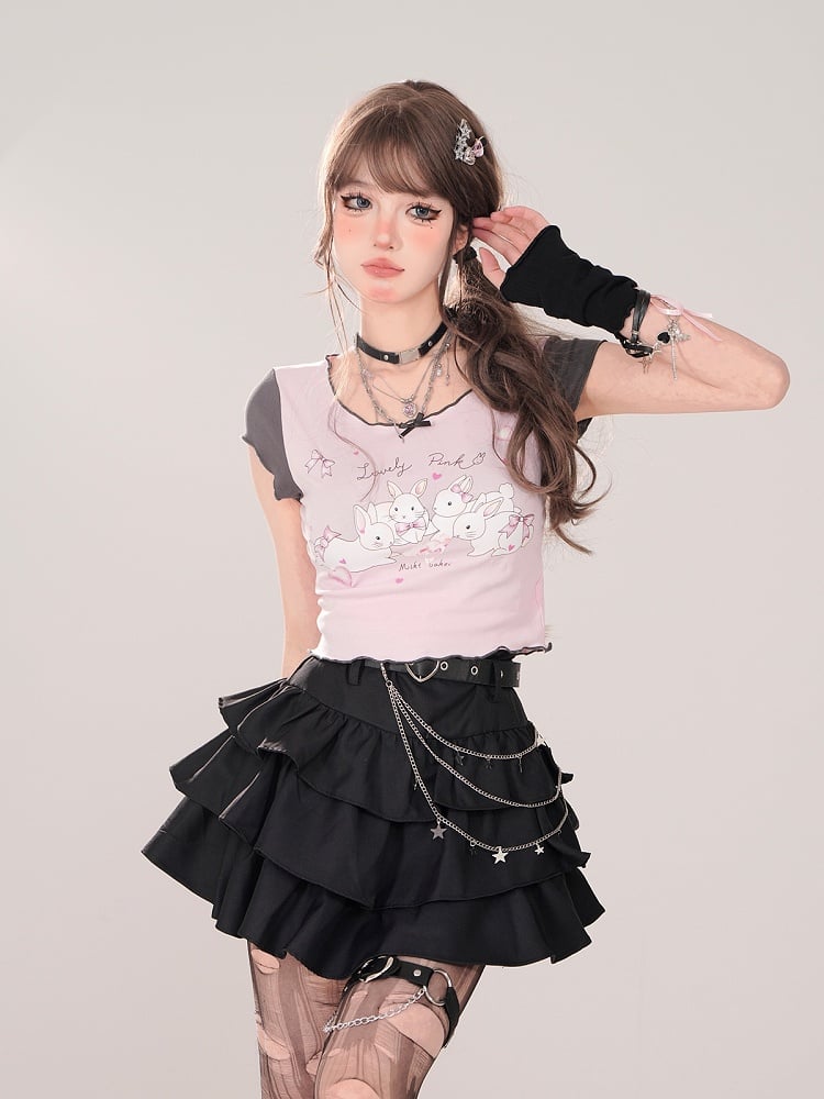 Chain Black Tiered Skirt with Heart Buckle Belt and Waist