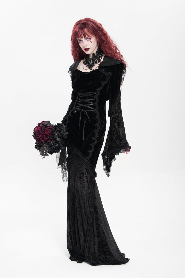 Black Long Trumpet Sleeve Hooded Mesh Gothic Dress Embroidery