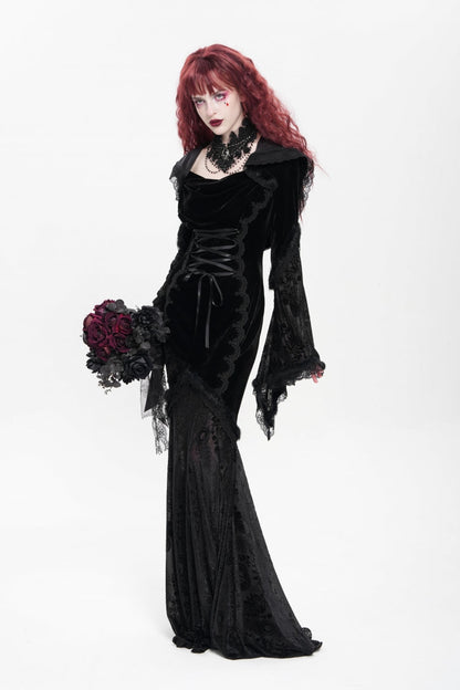 Black Long Trumpet Sleeve Hooded Mesh Gothic Dress Embroidery