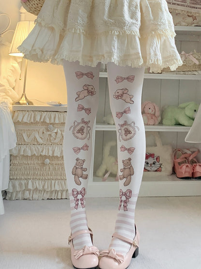 ブラウン/ピンクのウサギとクマのストライプ柄のスイートロリータタイツ