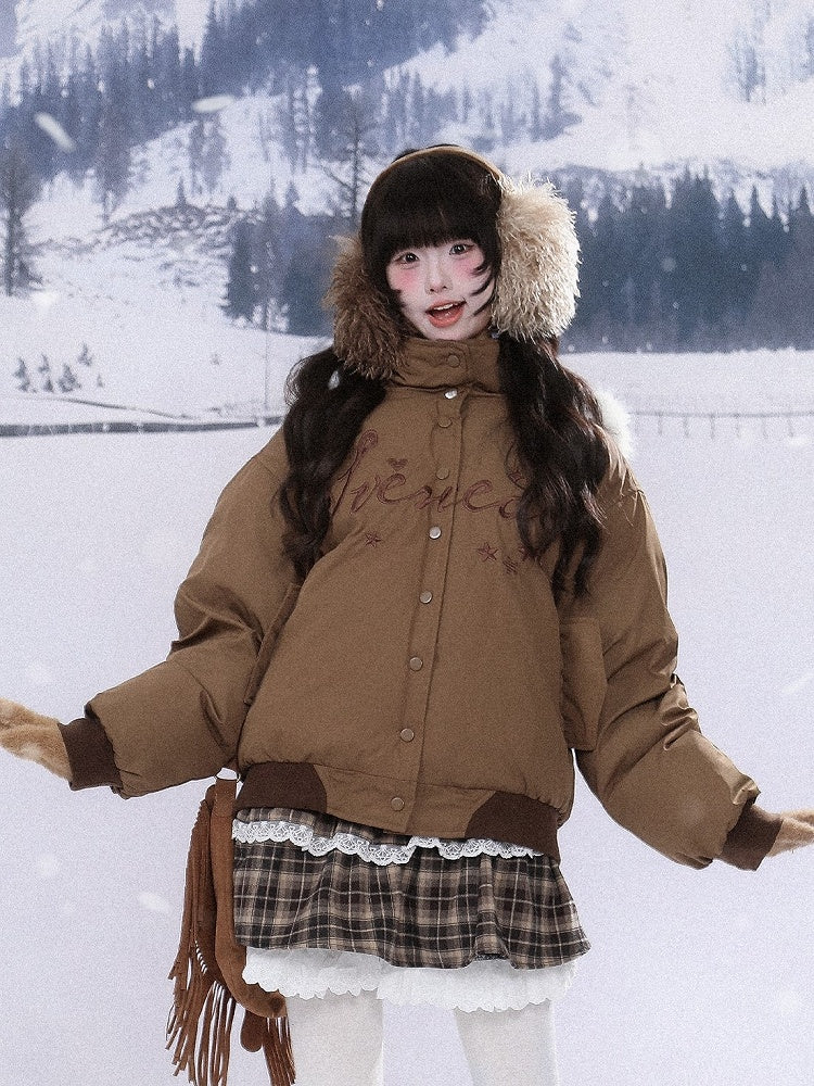 Brown/Blue Closure Kawaii Blouson Star Embroidery Dual with in Jacket Daily