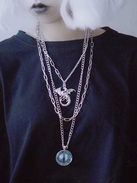 Gothic Layered Necklace with Dragon Eye Pendant - Strange Sugar