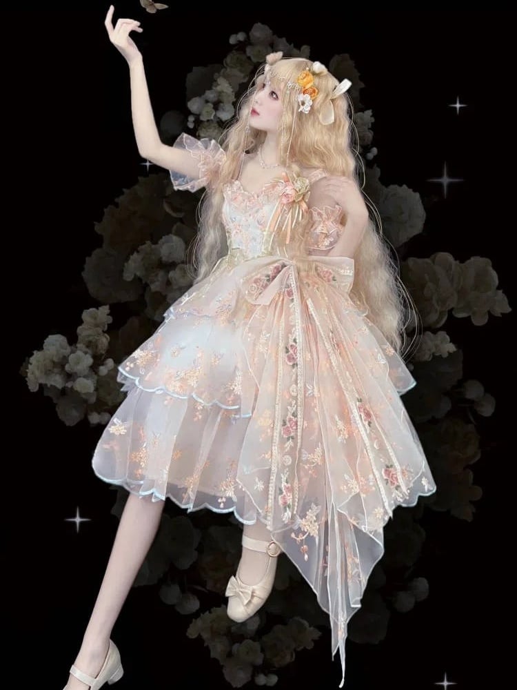 White Elegant JSK Apricot Floral Lolita Painting-Inspired Hanayome-Style Short Embroidered Oil Dress