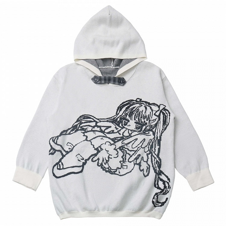 White/Grey Little Cartoon Girl  Hooded Sweater