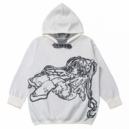 White/Grey Little Cartoon Girl  Hooded Sweater