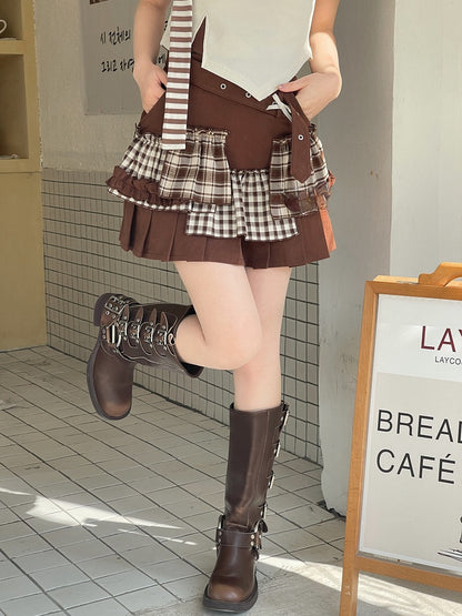 Plaid Patchwork Fashion Y2K Brown Pleated Skirt Millard