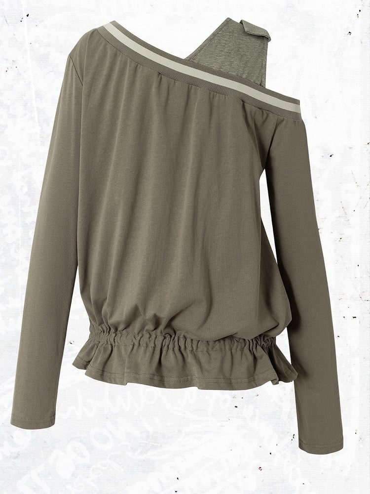 Khaki Green Asymmetric Shoulder Long Sleeve Top with Letter Print & Drawstring Hem, Faux Two-Piece Punk Casual - NO ROMANCE