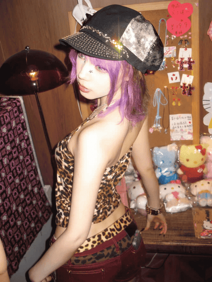 Gyaru Fashion Y2K Black Leopard Big Bow Rhinestones Embellished Beret