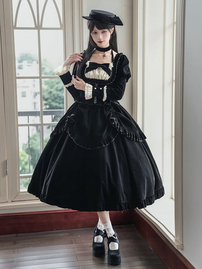 Velvet Hat Waist + Boned for Brooch Basque Bow Dress Choker Autumn/Winter Lolita Black Long Set Version