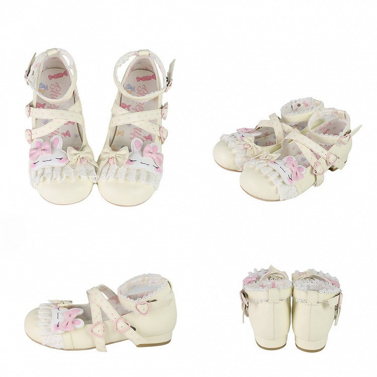 Lolita Lace Trim Bowknot Crisscross Shoes Design Applique Details Yellow Polka-dot Pattern Bunny Sweet
