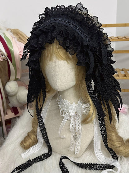 Wings Lace Angle Black/White Gorgeous Ruffled Hairband Bow