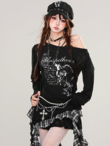 Schwarz/Weiß Asymmetrischer Ausschnitt Seitenschlitz Grafik Top Spitzensaum