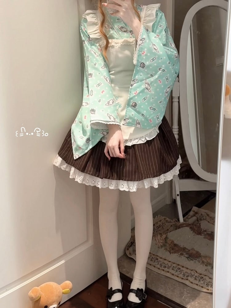 Wrap Set: 3-Piece Top Kimono Green Style Mint Maid-Inspired