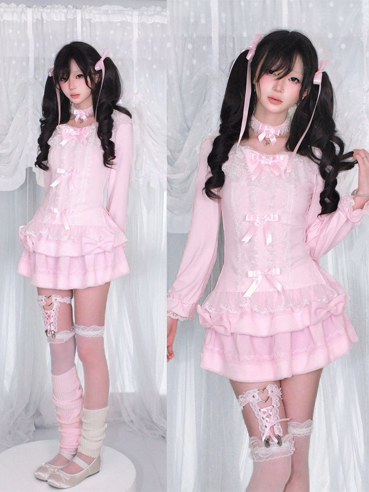 Pink Lace Bow-Trimmed Long-Sleeved Dark Fashion Top with Choker - HBreaker