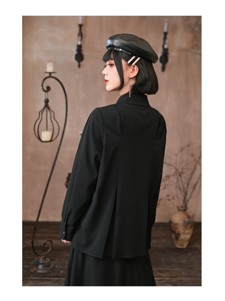 Shirt Long-Sleeve Gothic Contrast Placket Tie Pre-Tied Button Red with Black Cheongsam