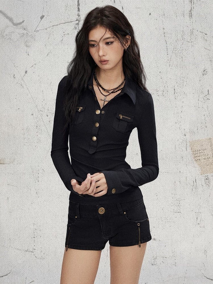Button Knit Cuffs Black - Shirt Sleeve Long Slim-fitting