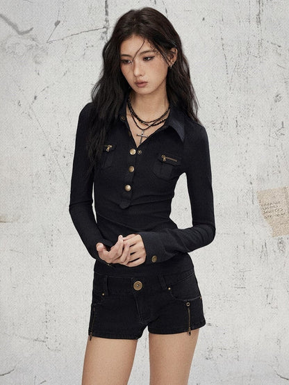 Button Knit Cuffs Black - Shirt Sleeve Long Slim-fitting