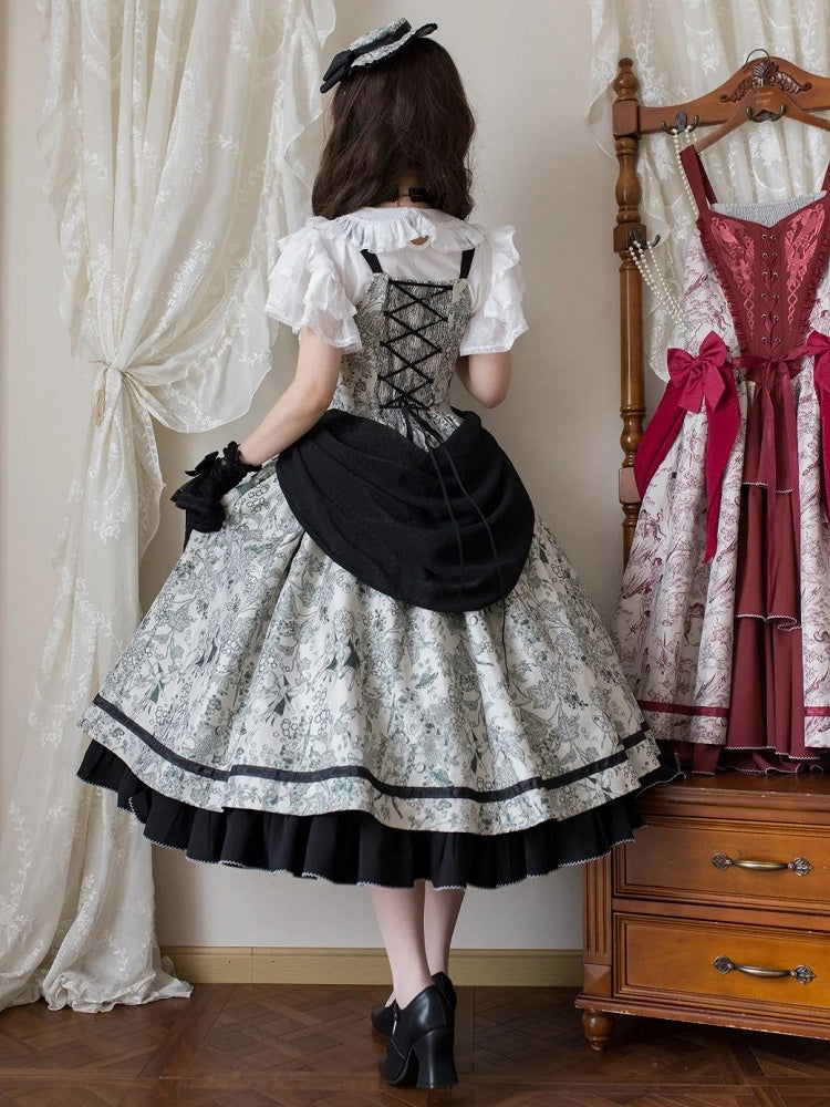 Green Forest Elegant with Print Animals Dress Lolita Bodice and Corset