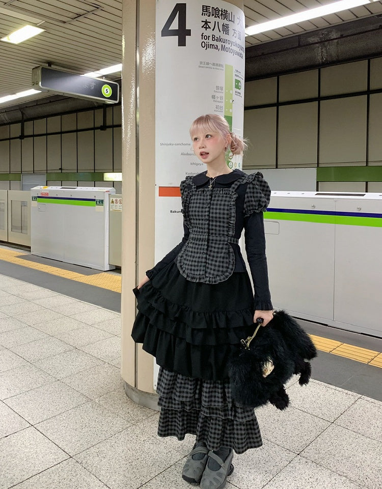 with Plaid Skirt Ankle Length Apron Tiered Trim Ruffle