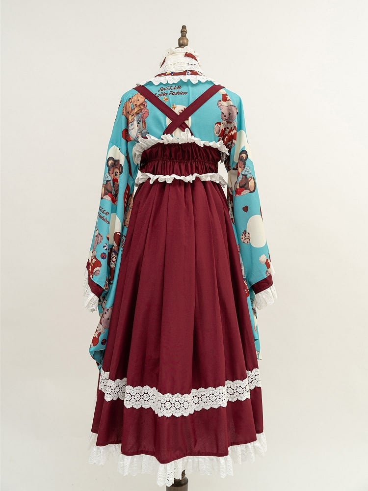Wa Print + Bear Top Crossover Lace Dress Design Lolita Set Blue JSK Trimmed Red