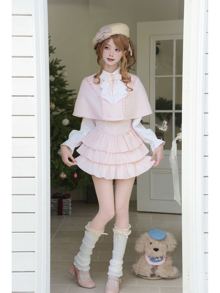 Style Two-Piece Pink Cape Ruffled Bow Jirai + Kei Design Pure Fake Dress