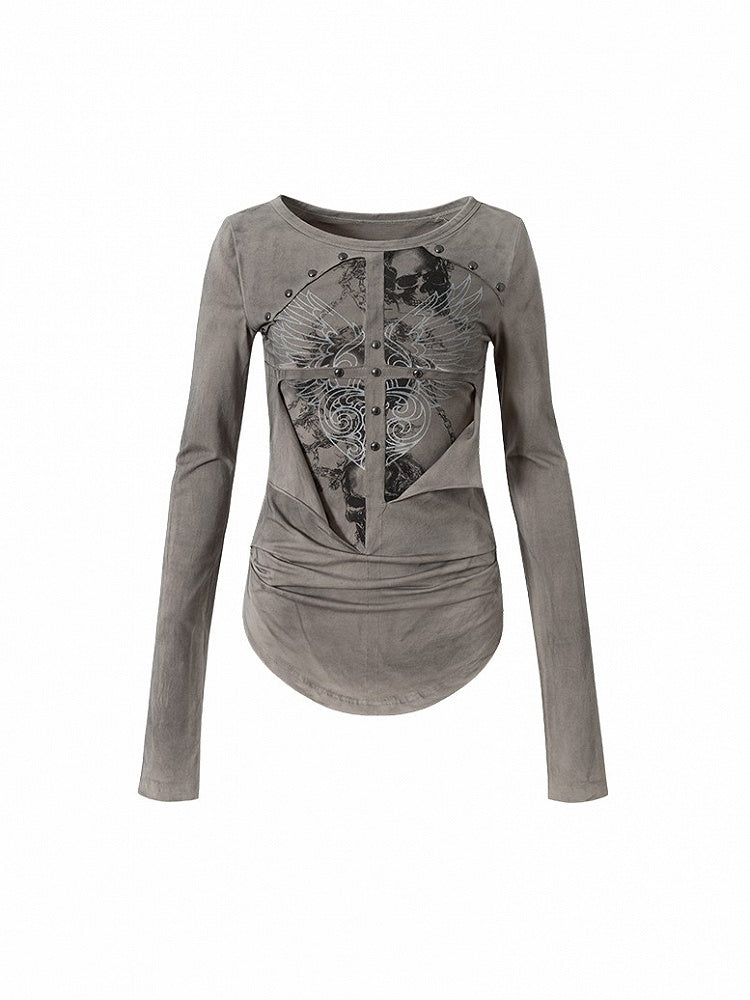 Knit Vintage Wing Print with Design Cross Deconstructed Gray Top Punk