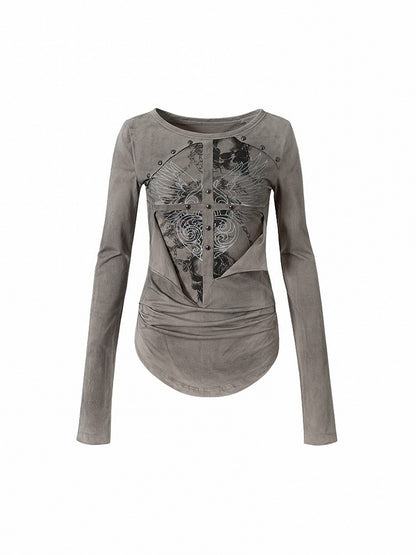 Knit Vintage Wing Print with Design Cross Deconstructed Gray Top Punk