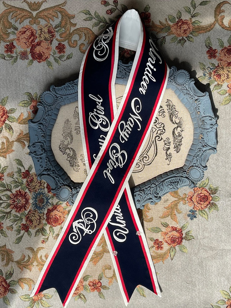 Ribbon White Dark Blue / Embroidered