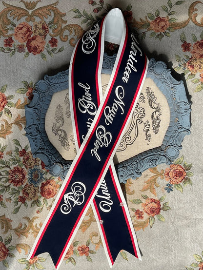 Ribbon White Dark Blue / Embroidered