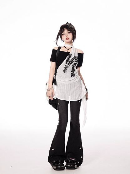 Y2K Black and White Letter Two-pieces Print Halter T-shirt
