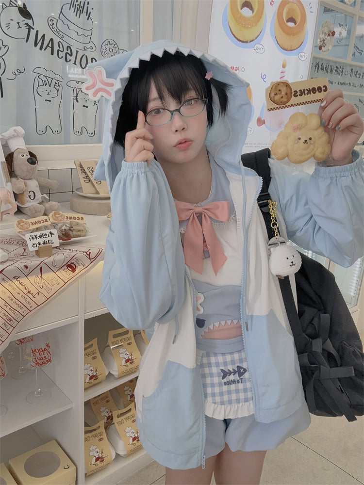 ジャケット シャークデザイン フード ブルー＆ホワイト カラーブロックデザイン ウィンドブレーカー