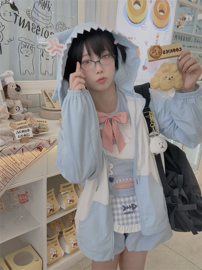 ジャケット シャークデザイン フード ブルー＆ホワイト カラーブロックデザイン ウィンドブレーカー