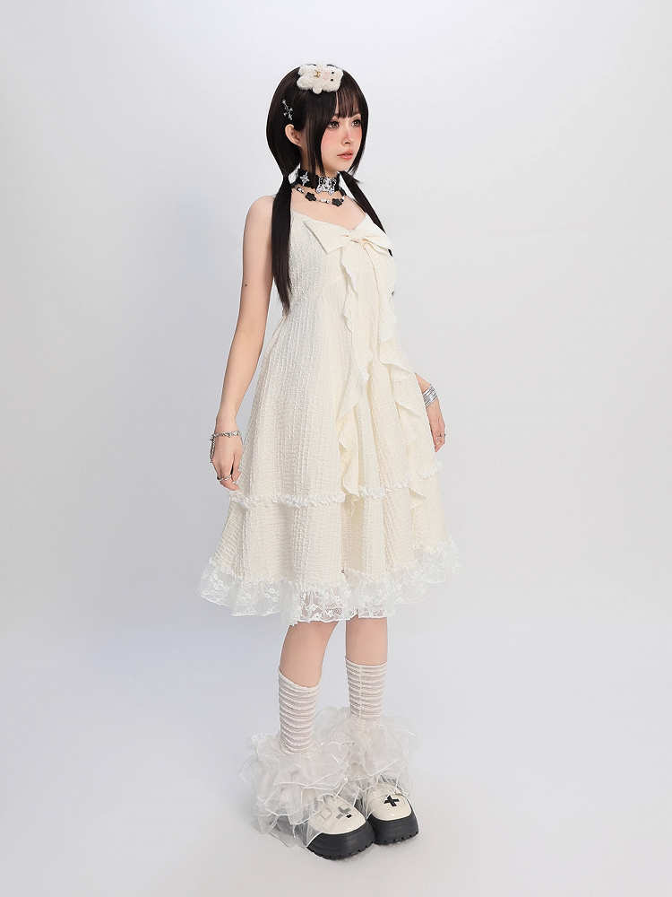 Big Bow Ausschnitt Spitzenrock Apricot Cami Kleid Trim Bubble