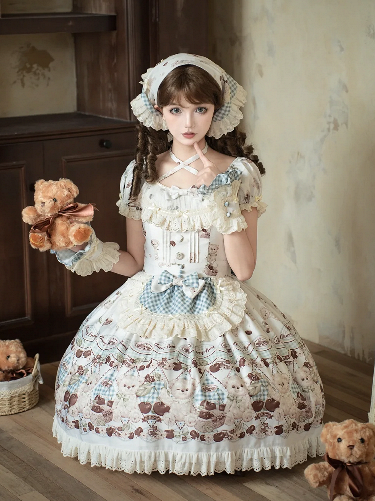 Teddy Sleeves and Short Sweet Lolita Dress White Cherry Print