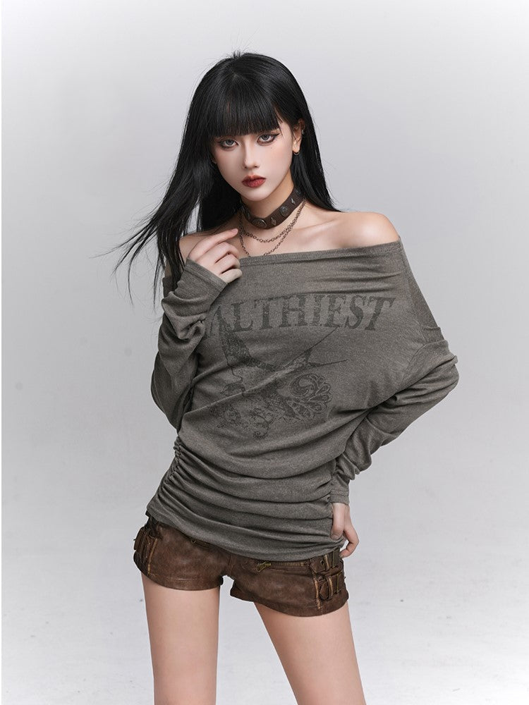 Oversized Coffee Tee Long Sleeve Swallow Gothic Off-Shoulder Print