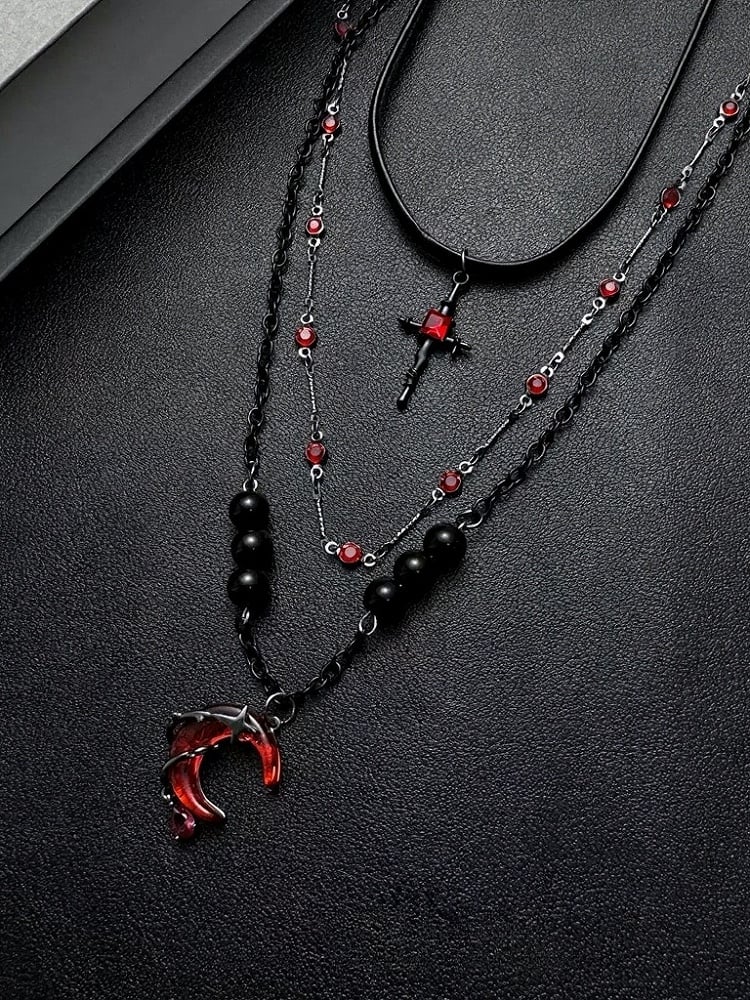 Beaded Layered Gothic Necklace with Red Moon - YSHXS